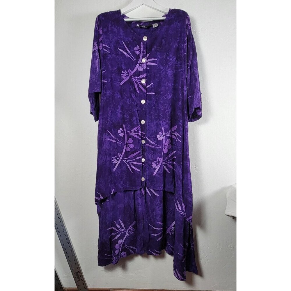 Exotica Purple Floral Button-Down Long Dress Womens Large Boho Maxi 3/4 Sleeve